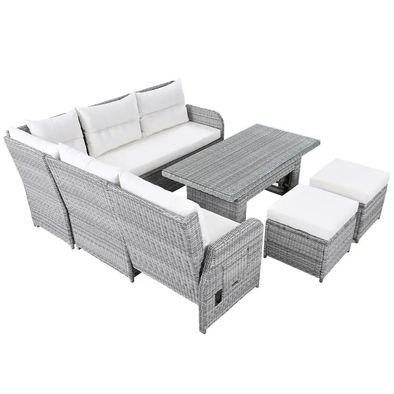 Ensemble de canapé d’angle modulable en rotin d’extérieur avec table réglable et fauteuils inclinables