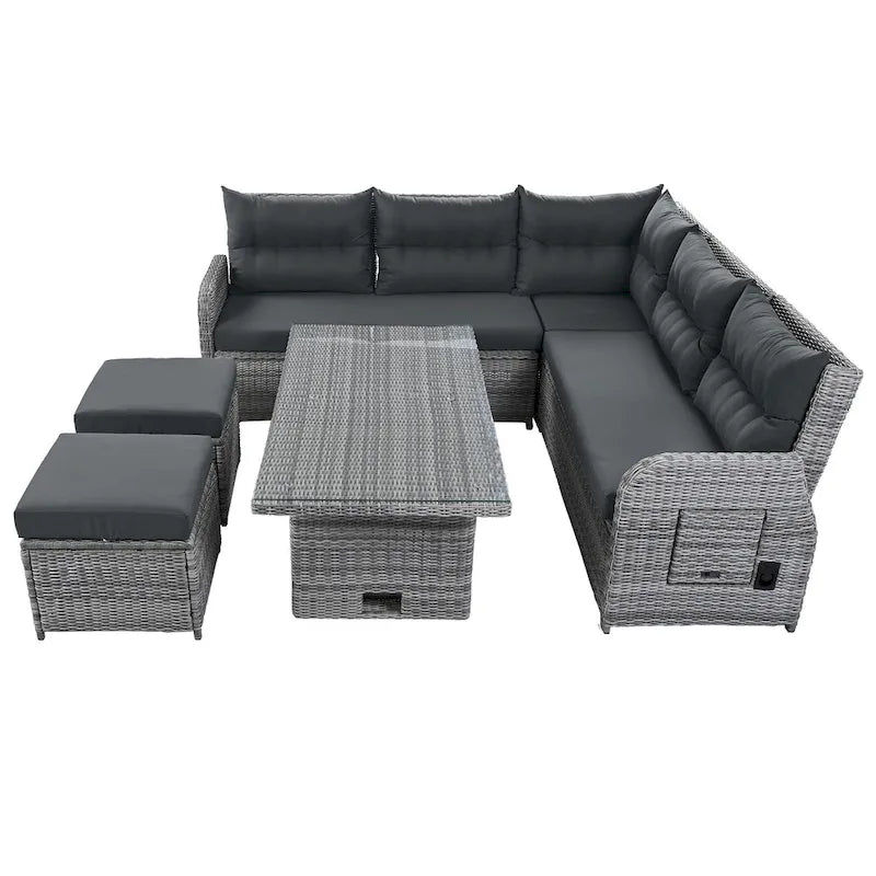 Ensemble de canapé d’angle modulable en rotin d’extérieur avec table réglable et fauteuils inclinables