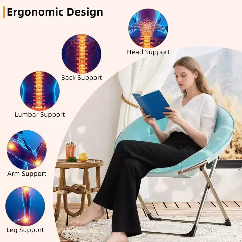 Fauteuil soucoupe, fauteuil moelleux en fausse fourrure, fauteuil lune avec structure métallique pliable, siège d'appoint floral