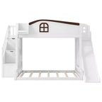 Lit superposé deux places et une place avec toboggan, étagères, escalier de rangement et armoire pour chambre d'enfant