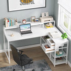 Bureau d'angle en L avec tiroir, bureau d'angle pour la maison avec étagères de rangement et support d'écran, bureau rustique pour petit espace