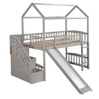 Lit mezzanine jumeau avec toboggan et escalier, lit mezzanine avec tiroirs de rangement, lit mezzanine cabane en bois pour enfants et tout-petits