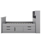 Lit plateforme capitaine double/grand avec 4 tiroirs et étagères de rangement, cadre de lit en bois massif avec tête de lit bibliothèque de rangement