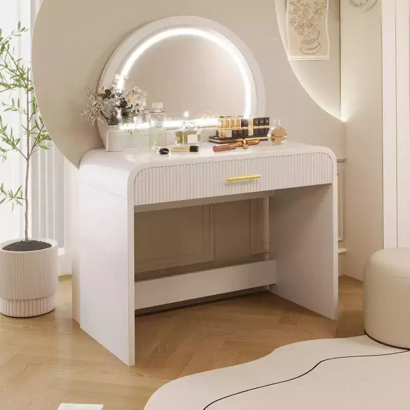 Table de toilette avec grand miroir et écran tactile, coiffeuse avec grand tiroir et coins arrondis, pour chambre à coucher