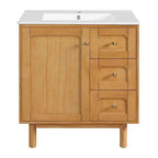JVNOXK Meuble sous-vasque rustique moderne en céramique de 30 pouces avec 3 tiroirs et 1 grande porte à fermeture douce, meuble de rangement, grain de bois naturel