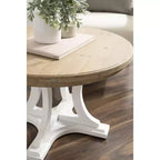 Table basse ronde en bois, marron rustique et blanc, piètement entrecroisé