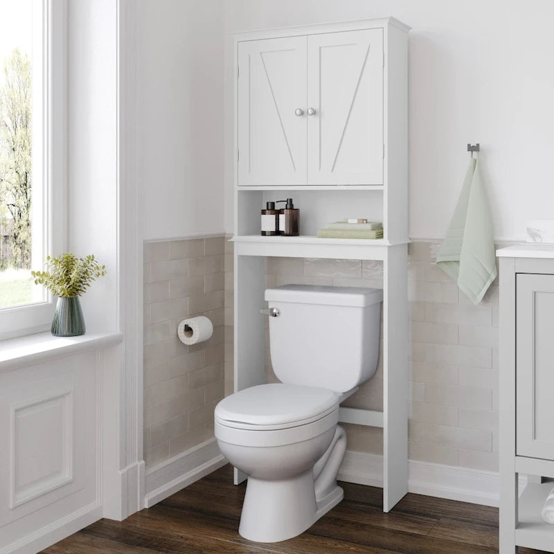 Meuble de toilette sur pied de toilette style ferme avec étagères et portes à fermeture magnétique