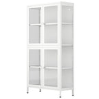 Meuble de rangement à quatre portes vitrées avec étagères et pieds réglables en acier laminé à froid
