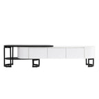 Meuble TV escamotable moderne noir et blanc avec 3 tiroirs et pieds métalliques réglables pour salon et chambre à coucher