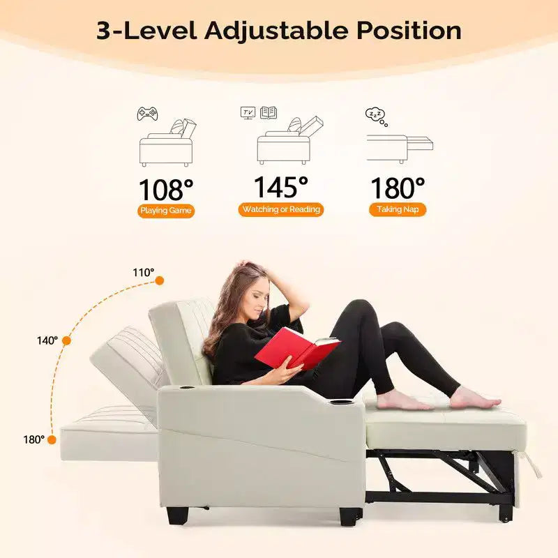 Canapé-lit convertible inclinable en cuir rembourré « Cats Claw » avec coussins pour petits espaces