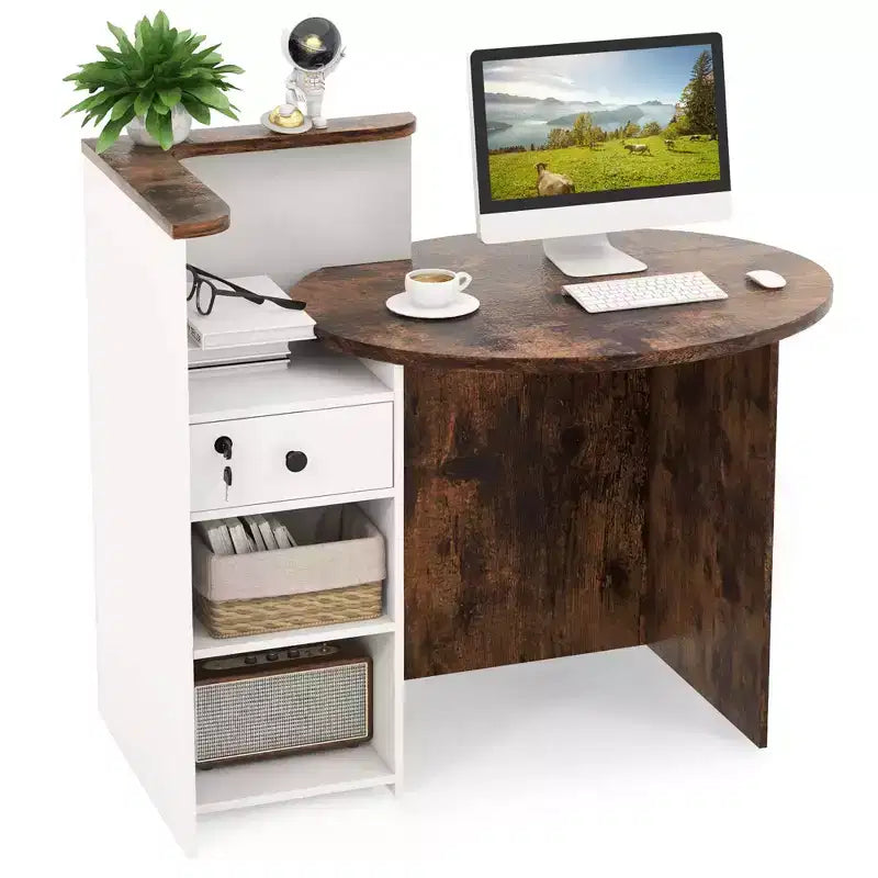Costway Comptoir de Réception Bureau de Caisse avec Étagère Ouverte et Tiroir Verrouillable Blanc/Marron/Noir
