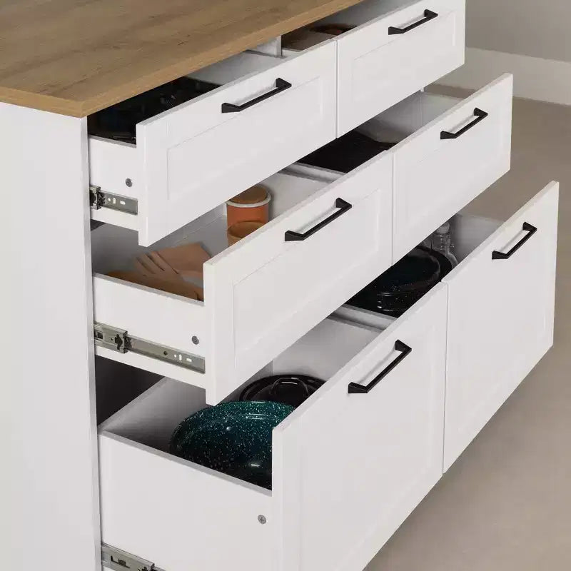 Îlot de cuisine à 6 tiroirs – Style champêtre, blanc et érable muscade, 47,25 po L
