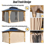 Tonnelle EROMMY à toit rigide, pergola extérieure avec double toit, moustiquaire et rideaux, auvent robuste pour patio, jardin, fête au bord de la piscine