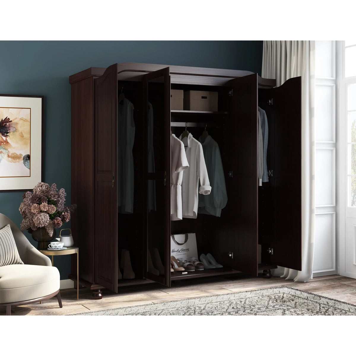 Armoire-penderie Kyle à 4 portes en bois massif 100 % Palace Imports, avec portes en bois massif ou miroir