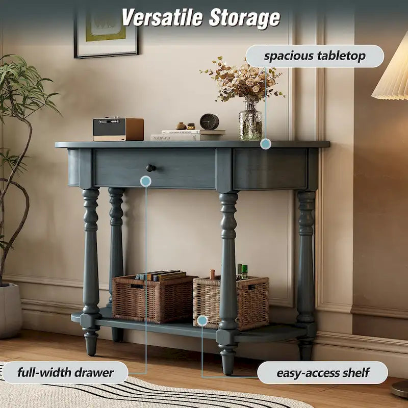 Console étroite rétro avec coin arrondi, tiroir supérieur et étagère ouverte