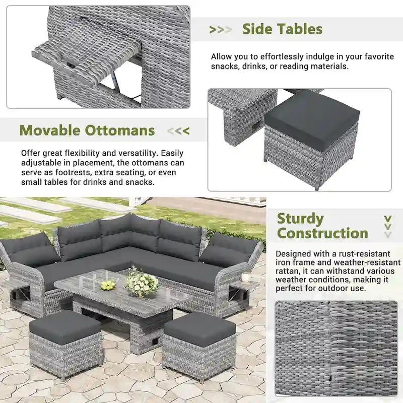 Ensemble de canapé d’angle modulable en rotin d’extérieur avec table réglable et fauteuils inclinables