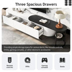 Meuble TV escamotable moderne noir et blanc avec 3 tiroirs et pieds métalliques réglables pour salon et chambre à coucher