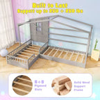 Lits doubles en L pour enfants avec fenêtre et barrières - Gris/Blanc