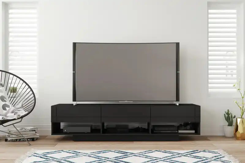 Meuble TV noir 72" avec 3 tiroirs et 3 étagères ouvertes, style moderne