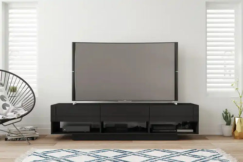 Meuble TV noir 72" avec 3 tiroirs et 3 étagères ouvertes, style moderne