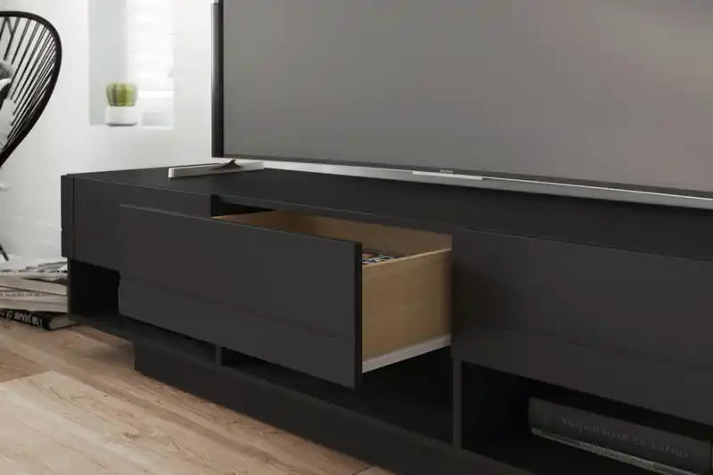 Meuble TV noir 72" avec 3 tiroirs et 3 étagères ouvertes, style moderne