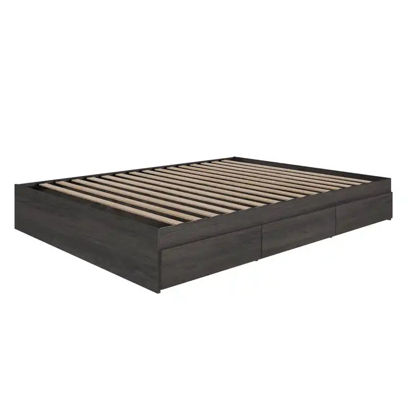 Lit plateforme simple Queen gris écorce avec 3 tiroirs de rangement