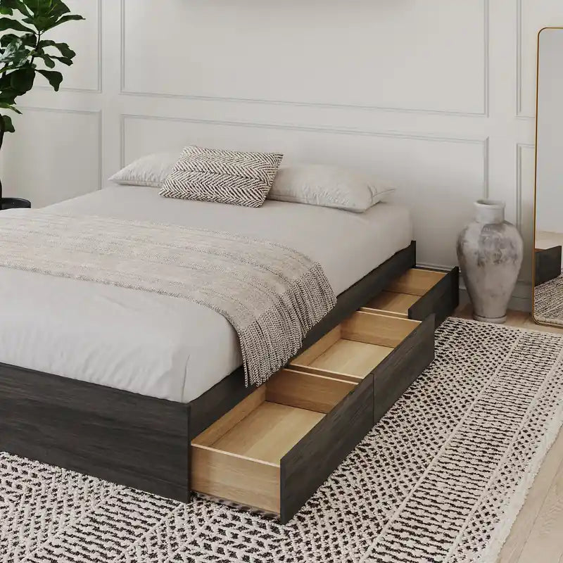 Lit plateforme simple Queen gris écorce avec 3 tiroirs de rangement