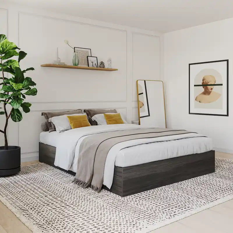 Lit plateforme simple Queen gris écorce avec 3 tiroirs de rangement