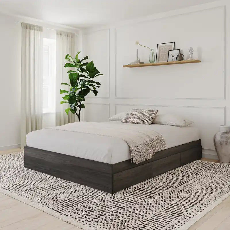 Lit plateforme simple Queen gris écorce avec 3 tiroirs de rangement