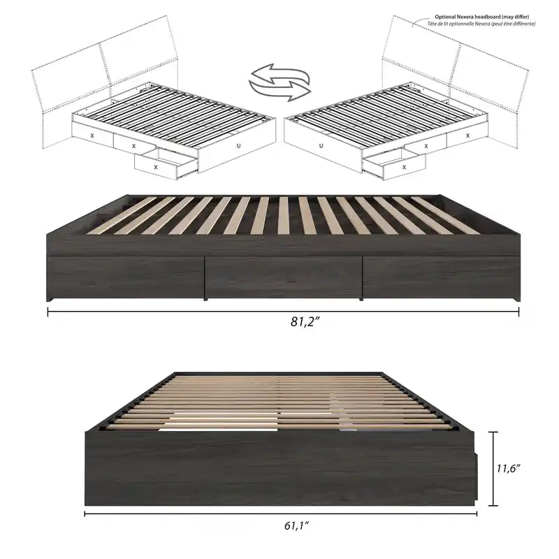 Lit plateforme simple Queen gris écorce avec 3 tiroirs de rangement