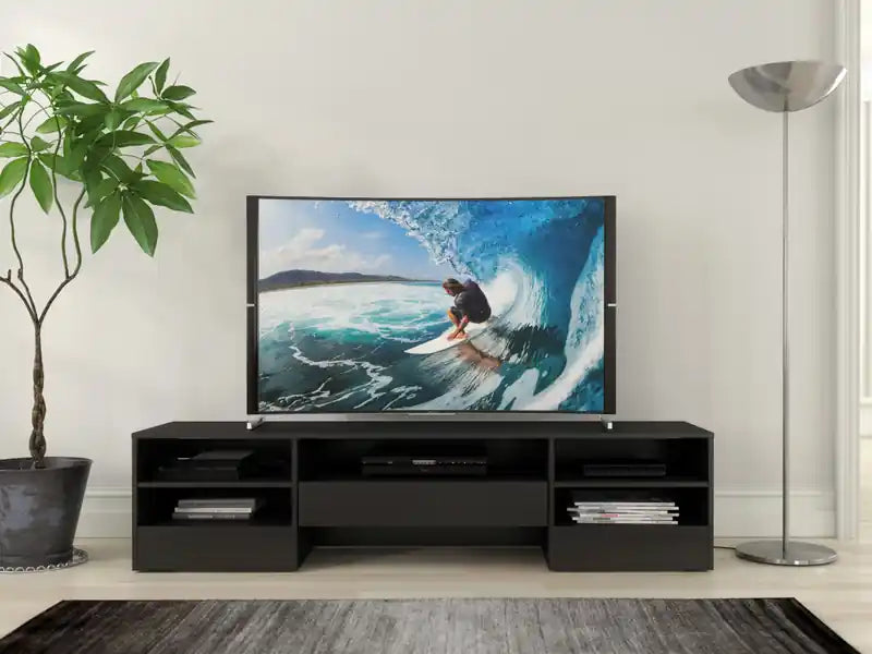 Meuble TV noir de 183 cm avec 1 tiroir et 2 étagères, style moderne