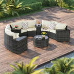 Ensemble de canapé modulaire d'extérieur semi-circulaire 11 pièces avec table basse en verre trempé et 4 tables d'appoint