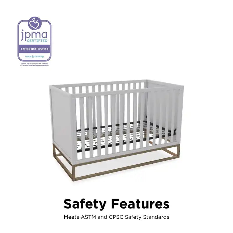 Lit de bébé convertible 3-en-1 gris avec base en métal doré, simple