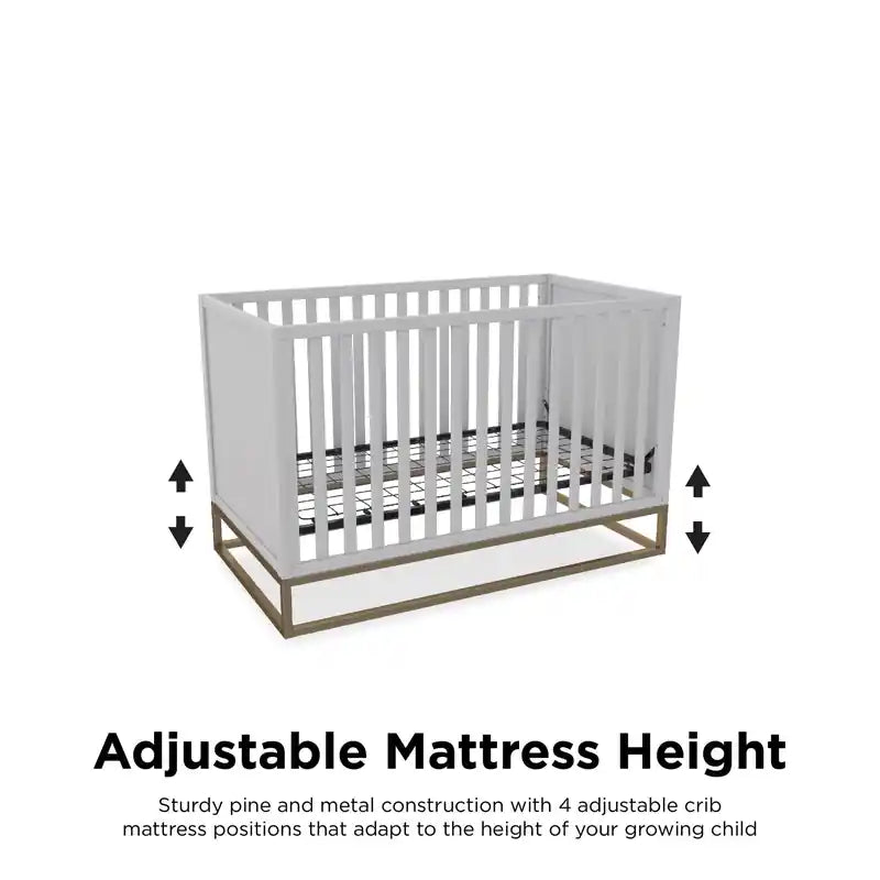 Lit de bébé convertible 3-en-1 gris avec base en métal doré, simple