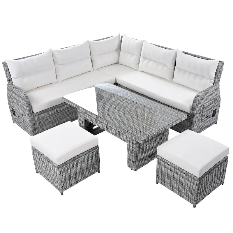 Ensemble de canapé d’angle modulable en rotin d’extérieur avec table réglable et fauteuils inclinables