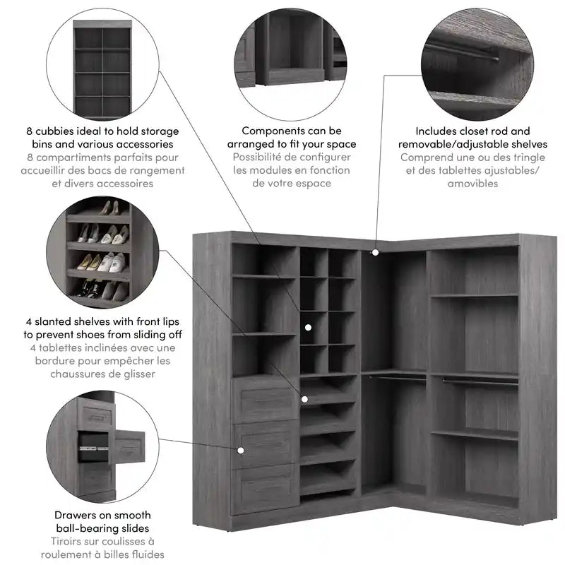 Organisateur de placard de plain-pied de 83 po de style transitionnel blanc/gris avec rangement à chaussures – Simple