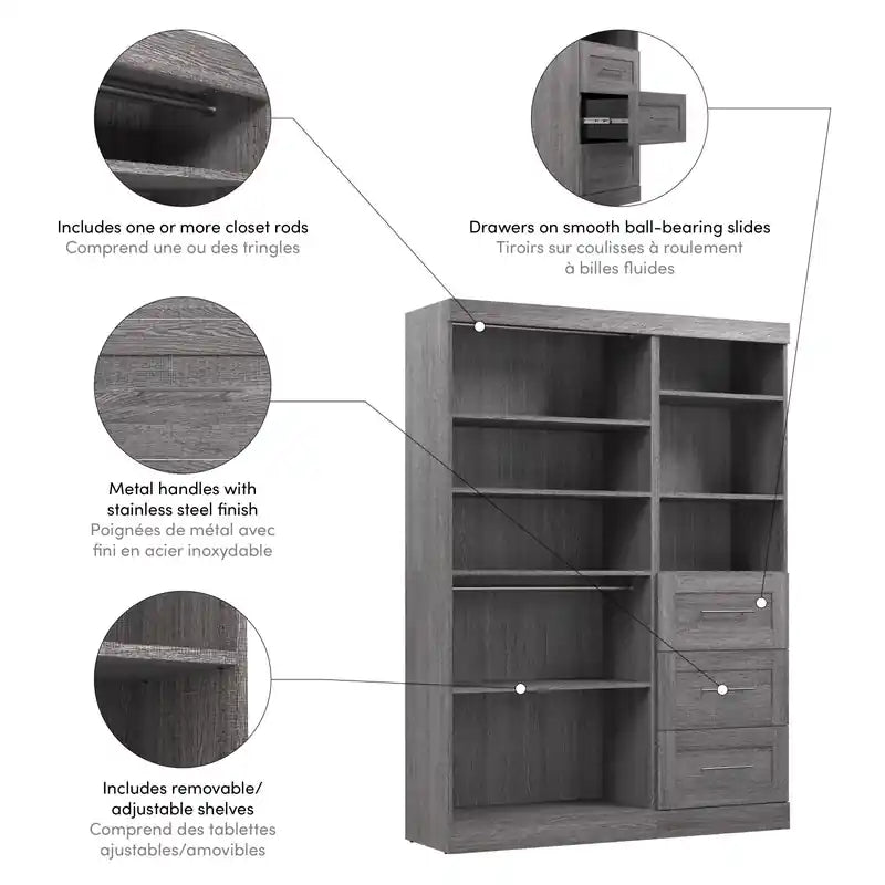 Système de rangement de placard 61 po de transition gris/blanc avec tiroirs – Simple