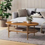 Table basse ovale à 2 niveaux Nathan James Sonia Bohemian en bois clair avec étagère de rangement en rotin