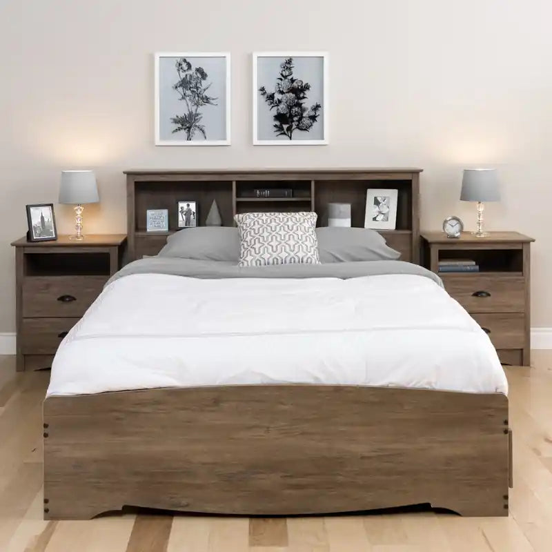 Table de chevet haute côtière grise avec 2 tiroirs et étagère ouverte – Simple