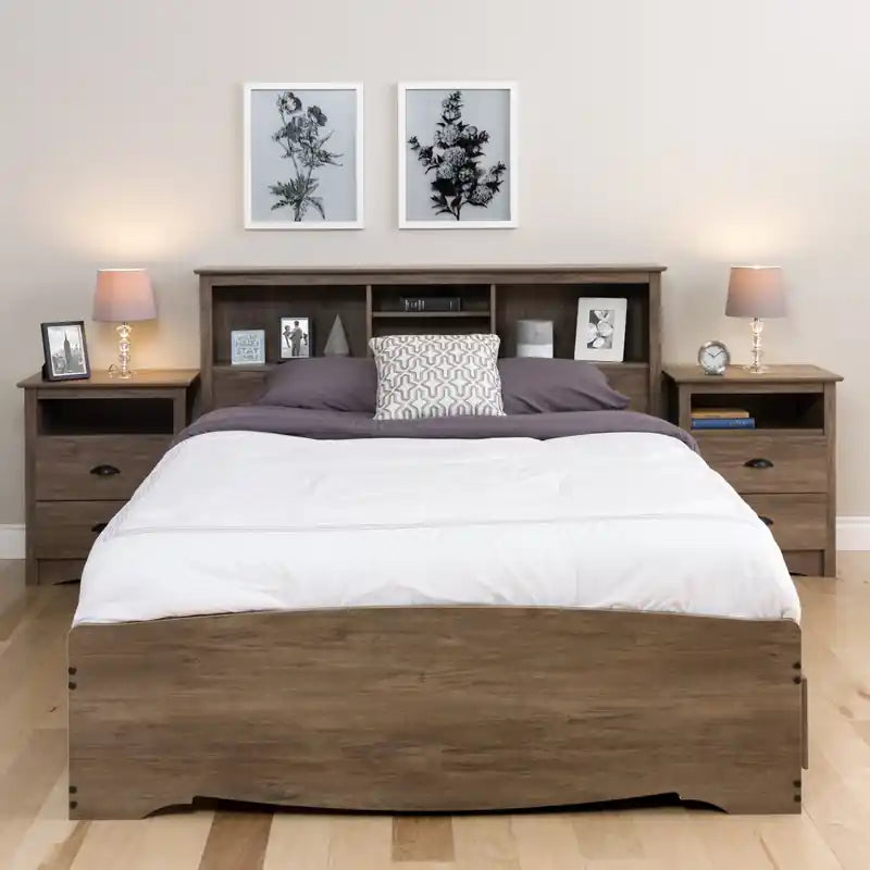 Table de chevet haute côtière grise avec 2 tiroirs et étagère ouverte – Simple