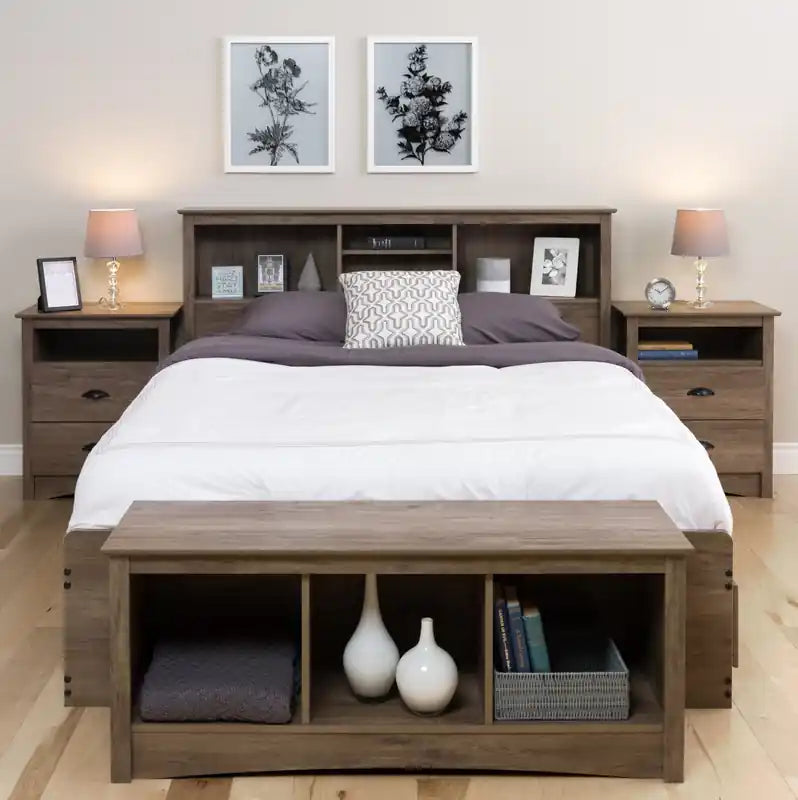 Table de chevet haute côtière grise avec 2 tiroirs et étagère ouverte – Simple