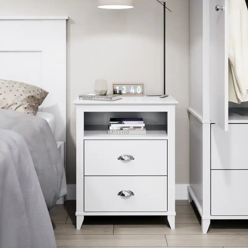 Table de chevet moderne haute à 2 tiroirs – Blanc / Noir / Marron foncé – Simple