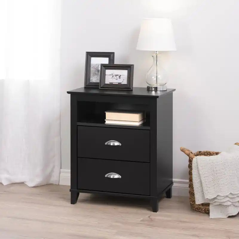 Table de chevet moderne haute à 2 tiroirs – Blanc / Noir / Marron foncé – Simple