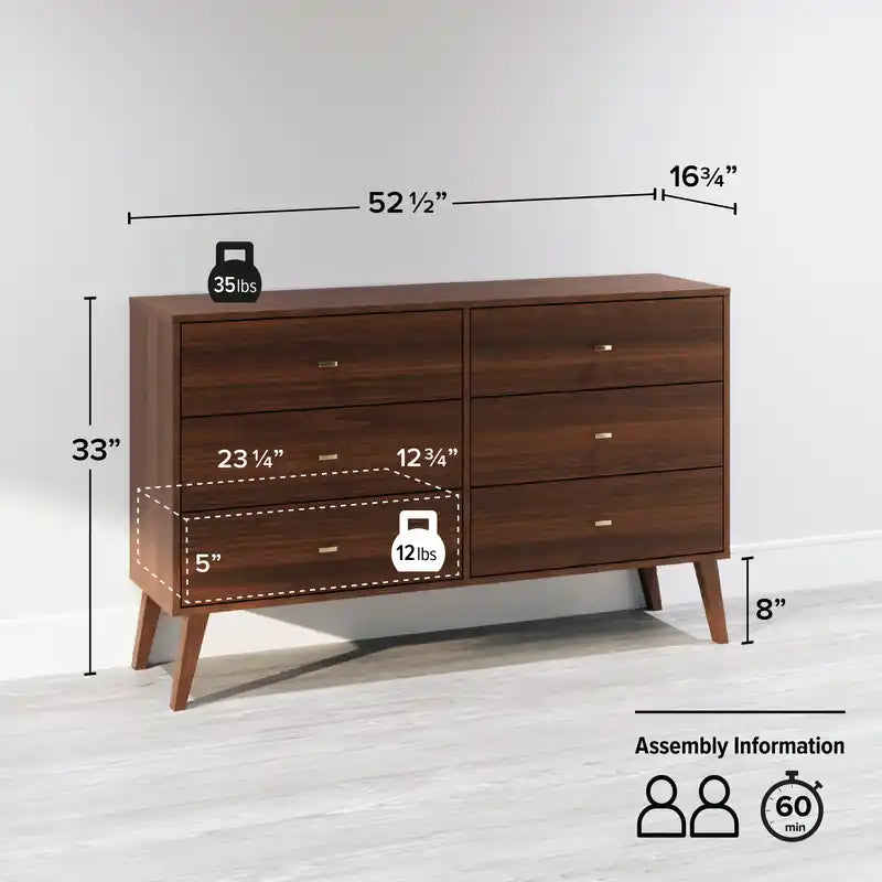 Commode à 6 tiroirs de style moderne du milieu du siècle, noire/grise/blanche/rouge – Simple