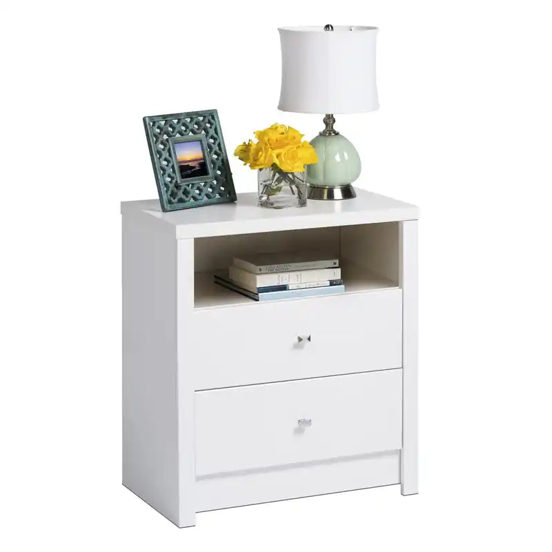 Table de chevet blanche moderne et haute à 2 tiroirs avec étagère ouverte – Simple