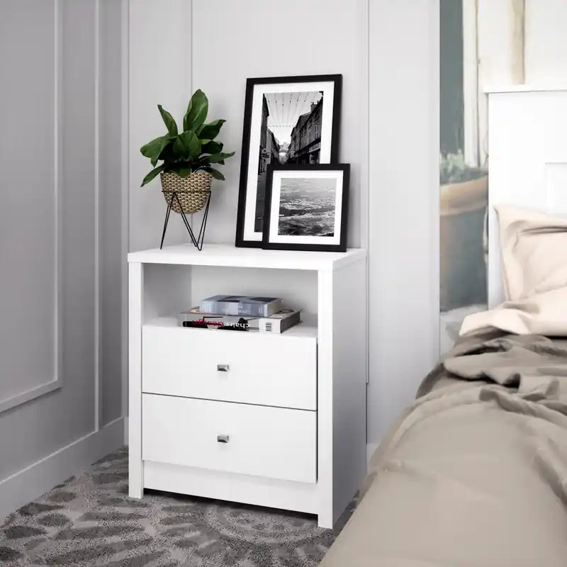 Table de chevet blanche moderne et haute à 2 tiroirs avec étagère ouverte – Simple