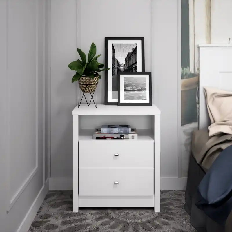 Table de chevet blanche moderne et haute à 2 tiroirs avec étagère ouverte – Simple