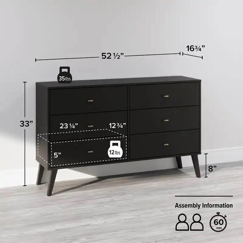 Commode à 6 tiroirs de style moderne du milieu du siècle, noire/grise/blanche/rouge – Simple