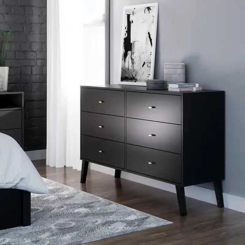 Commode à 6 tiroirs de style moderne du milieu du siècle, noire/grise/blanche/rouge – Simple