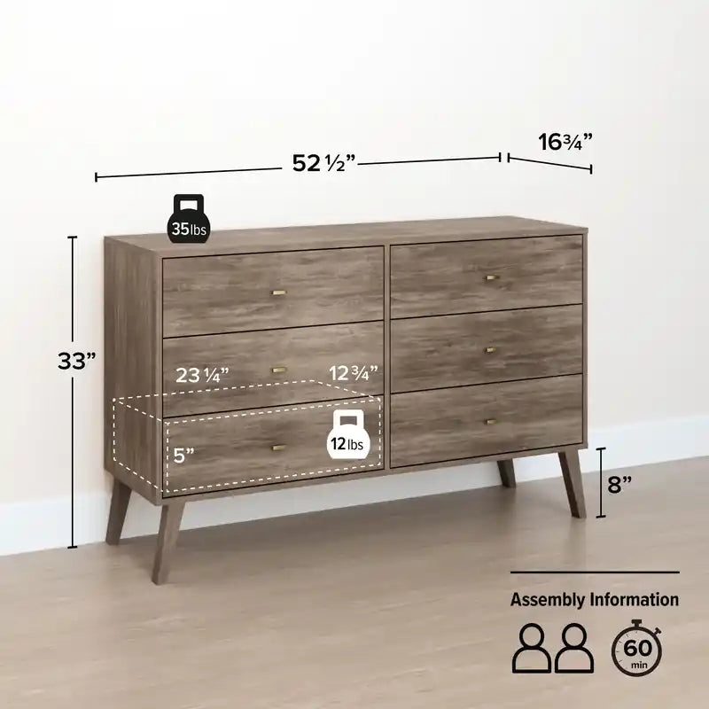 Commode à 6 tiroirs de style moderne du milieu du siècle, noire/grise/blanche/rouge – Simple